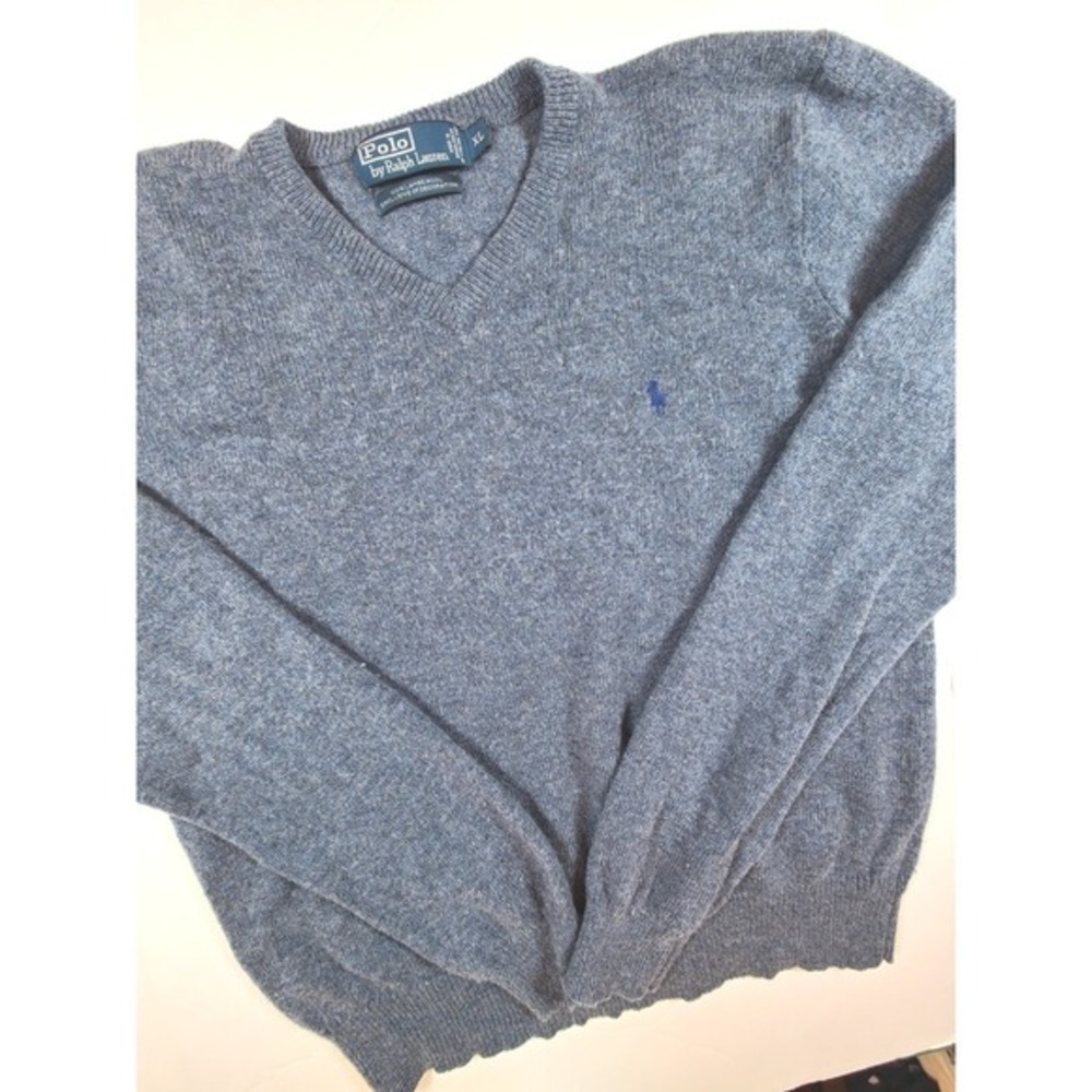 Polo Ralph Lauren Mens XL Lambswool V Neck Sweater Blue‎ Gray Pullover Knit
